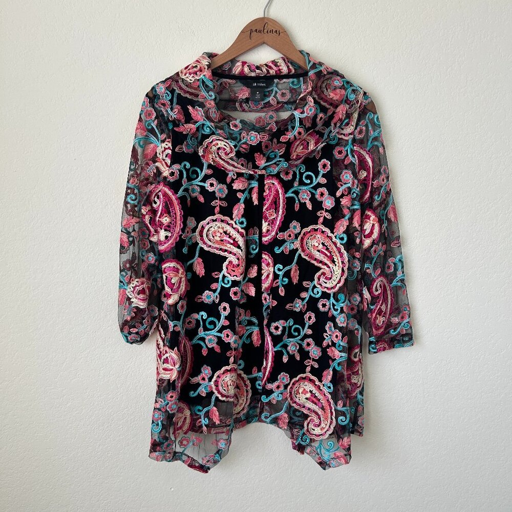 Ali Miles Womens Top Medium Sheer Mesh Embroidered Paisley Floral Tunic Boho M